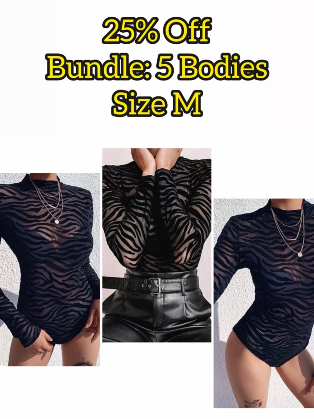 Sheer Zebra-Print Long Sleeve Bodysuit - Black